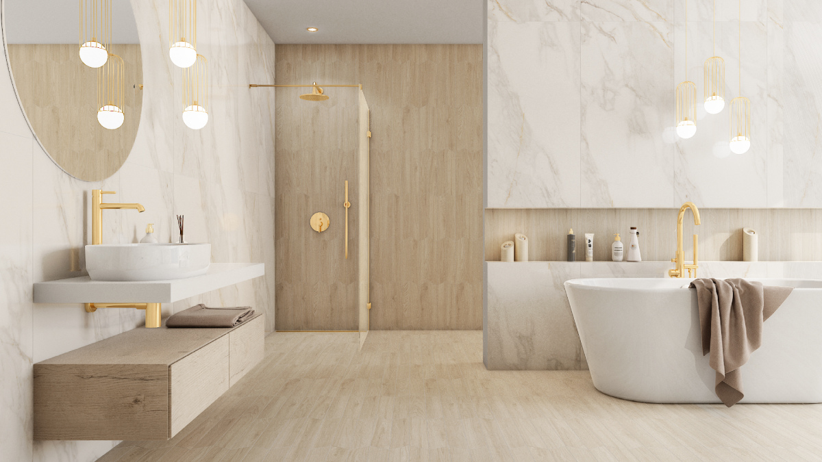 Marmur i drewno w projekcie nowoczesnej łazienki